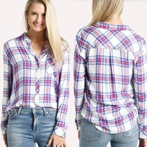 RAILS Hunter Plaid Buttondown Shirt Navy Magenta Womens Sz L Lightweight Western